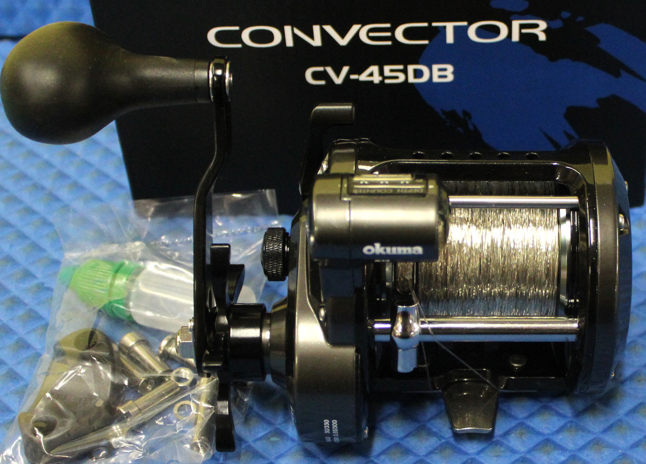 Okuma Convector Linecounter Reel CV 45DB  Pre-spooled With 30# SUPER Copper, 20# Solar Green Backing, 50 Feet 20# Mono Leader CHOOSE YOUR COPPER LENGTH!
