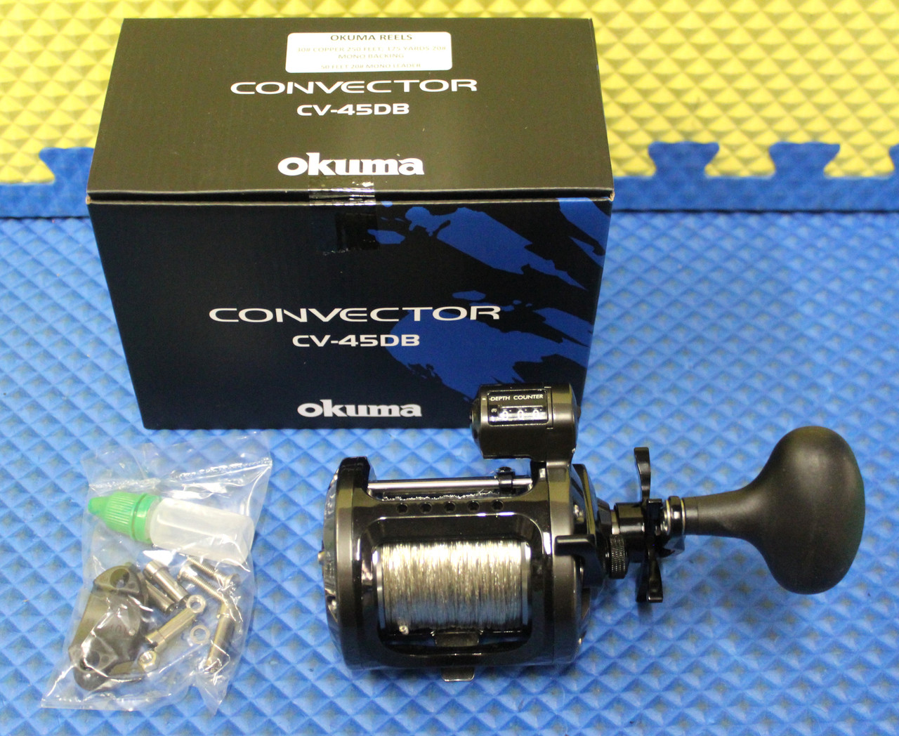 Okuma Convector Linecounter Reel CV 45DB  Pre-spooled With 30# SUPER Copper, 20# Solar Green Backing, 50 Feet 20# Mono Leader CHOOSE YOUR COPPER LENGTH!