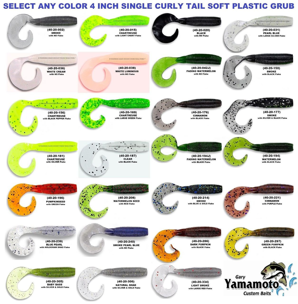 4 packs gary yamamoto 4" single tail grub 40-20-038 luminous white curly tail 