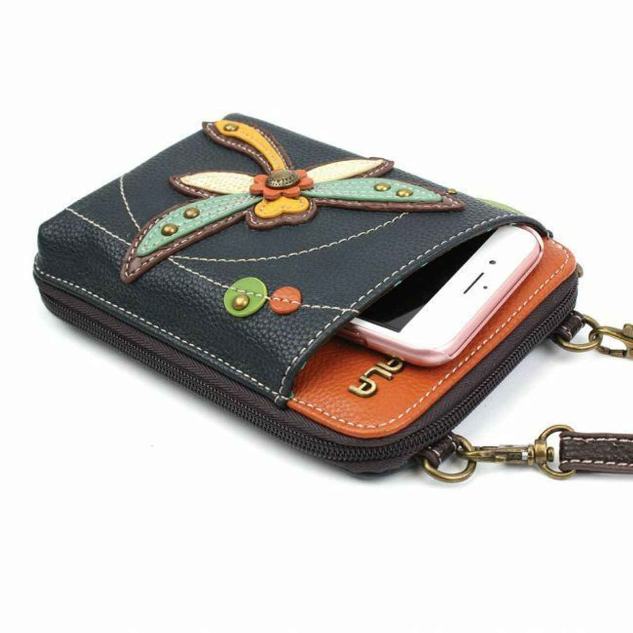 Chala Dragonfly Wallet Crossbody Purse Teal & Brown 7” x 4.5” Colorful