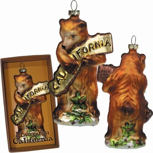 New California Bear Hug Christmas Holiday Glass Ornament 2.5" x 4.5" Gift Brown