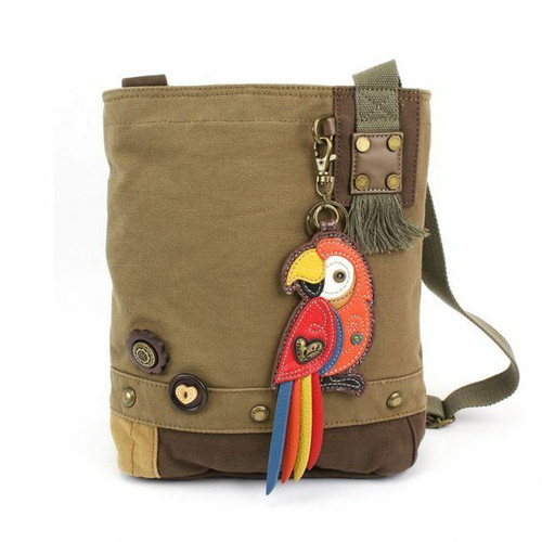 New Chala Canvas Patch Crossbody RED PARROT Olive Green Bag w/ COIN PURSE gift