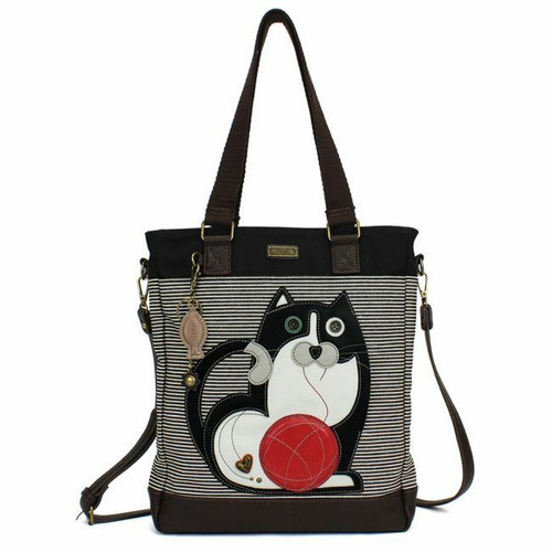 New Chala WORK TOTE Crossbody Pleather Bag FAT CAT Black Stripes Large Converts