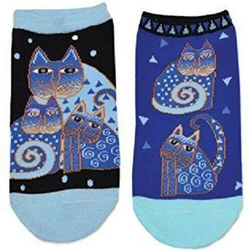 Laurel Burch Women's 2 pairs No Show Socks 9-11 Shoe 4-10 INDIGO CATS Blue Black