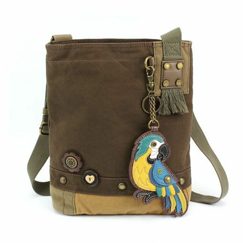 New Chala Patch Crossbody Blue Parrot Bag Canvas Dark Brown w/ Coin Purse gift