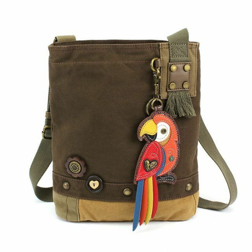 New Chala Patch Crossbody RED PARROT Bag Canvas Dark Brown Gift w/ Coin Purse