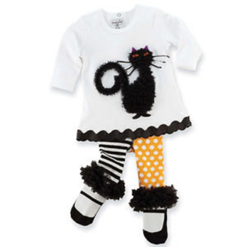 New Mud Pie 2 pc  CAT TUNIC & TIGHTS Halloween Fall Black  White 0-6 mos gift