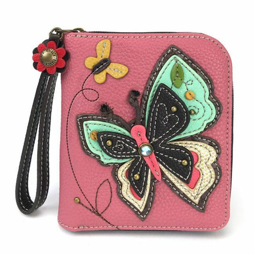 Chala ZIP AROUND WALLET Credit Card Faux Leather BUTTERFLY Wristlet Pink gift