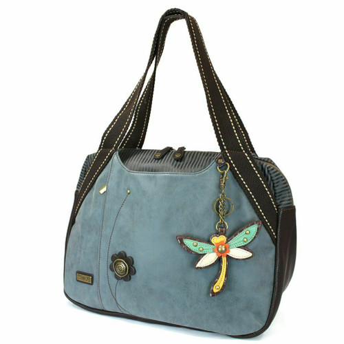 New Chala Handbag Bowling Zip Tote DRAGONFLY Large Bag Indigo Blue Pleather gift