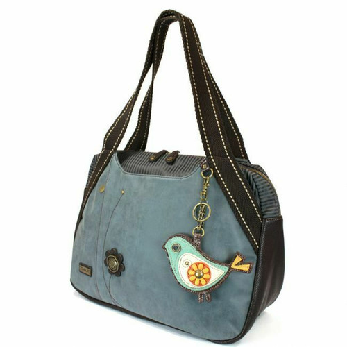 New Chala Bowling Tote Shoulder Large Bag Indigo Blue Pleather GREEN BIRD gift