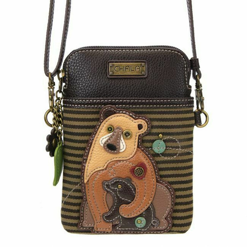 New Chala Cell Phone Purse Crossbody Convertible BEAR & BABY Olive Green Stripes