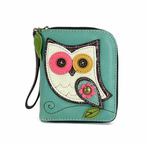 New Chala ZIP AROUND WALLET Credit Card Faux Leather OWL Teal Green gift