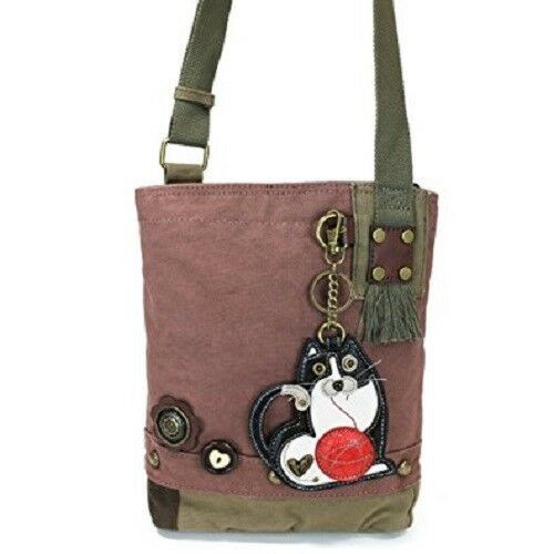 New Chala Patch Crossbody FAT BLACK CAT Bag Canvas Mauve Purple Violet Small