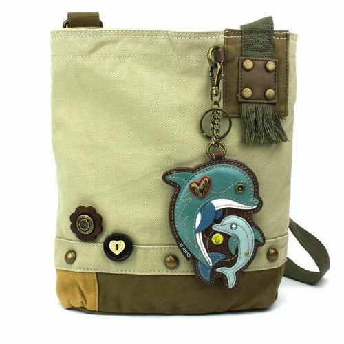 New Chala Patch Crossbody Purse Bag gift Messenger Canvas Sand Beige DOLPHINS