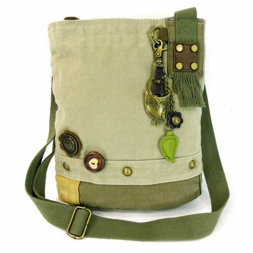 Chala Patch Crossbody Messenger Metal OWL Bird  Bag Canvas Messenger Sand Beige 