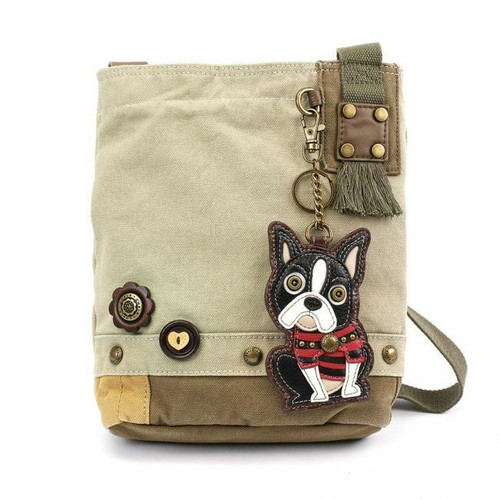 New Chala Patch Crossbody Bag Canvas gift Messenger Sand Beige Boston Terrier