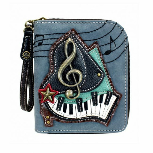 New Chala ZIP AROUND WALLET Credit Card Faux Leather PIANO Music Blue Grey gift