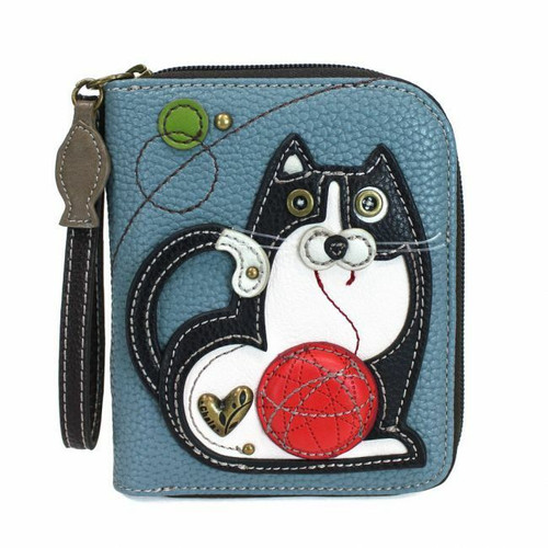 New Chala ZIP AROUND WALLET Credit Card Vegan Leather FAT CAT Blue Grey gift
