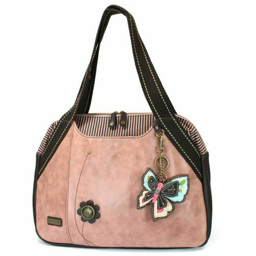 New Chala Bowling Tote Large Shoulder Bag Rose Pink Pleather BUTTERFLY II Purse