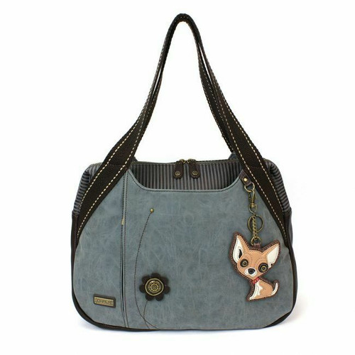  Chala Bowling Zip Tote Large Bag Pleather Stone Indigo Blue CHIHUAHUA Dog New