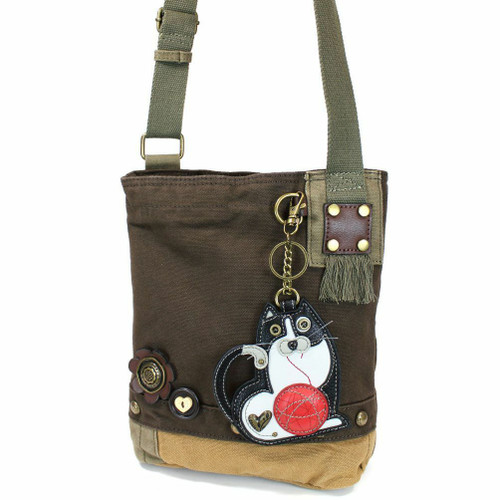 New Chala Patch Crossbody FAT CAT  Bag Canvas School Travel Dark Brown Gift