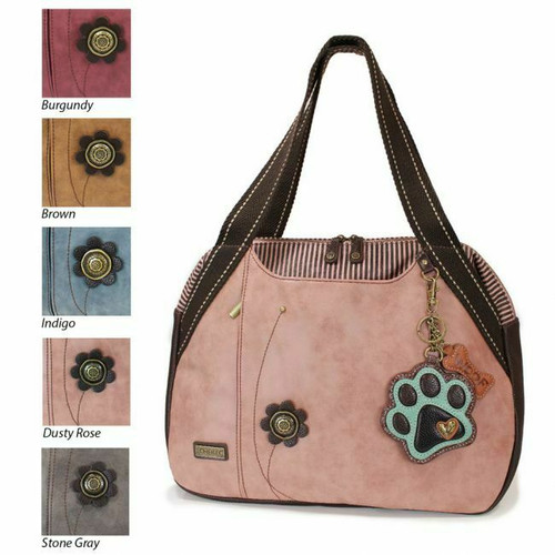 New Chala Bowling Tote Large Shoulder Bag Rose Pink Pleather PAW PRINT Purse 