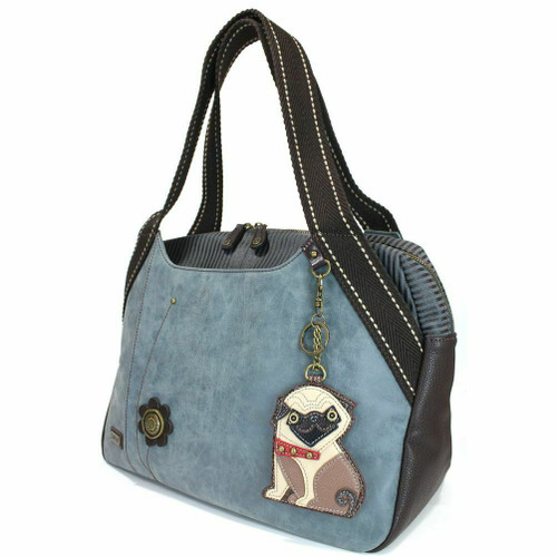 New Chala Bowling Tote Shoulder Large Bag Indigo Blue Pleather PUG Purse Dog