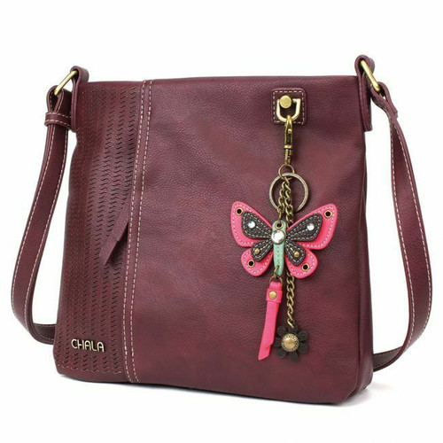 New Chala LASER CUT Crossbody Messenger Bag  Converts Plum Purple PINK BUTTERFLY