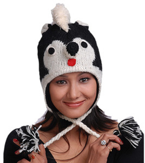 Animal Face Hat Black White SKUNK Wool Beanie Winter Ski Cap ADULT Warm Gift