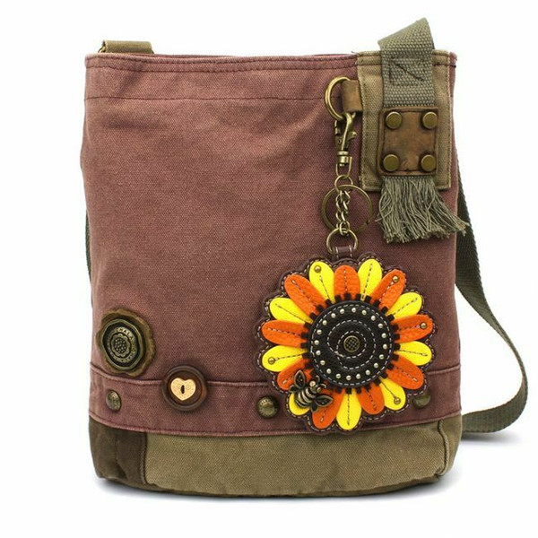 New Chala Patch Crossbody Messenger  Bag Canvas Mauve Purple Violet SUNFLOWER