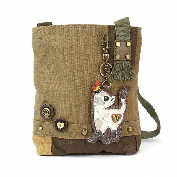 New Chala Handbag Patch Crossbody SLIM CAT  Bag Canvas Olive Green W/ Coin Purse