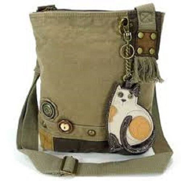 New Chala Handbag Patch Crossbody LAZZY CAT Bag Canvas gift School Olive Green