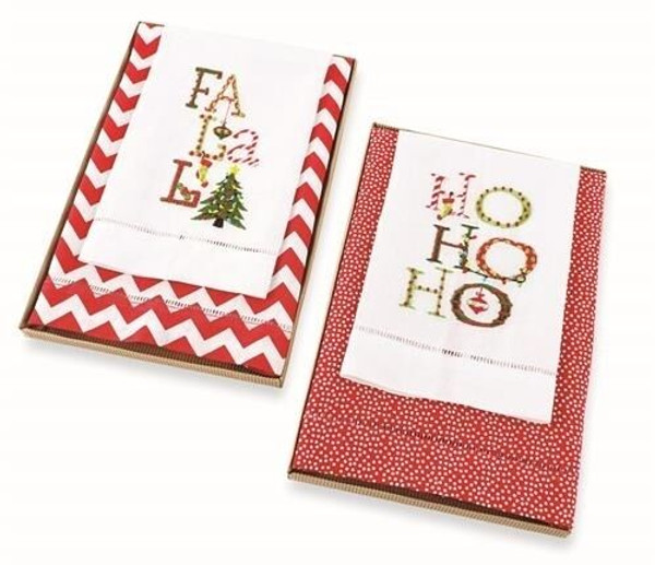 New Set of 2 Mud Pie Christmas Linen &  Fingertip Towel Set FA LA LA & HO HO HO