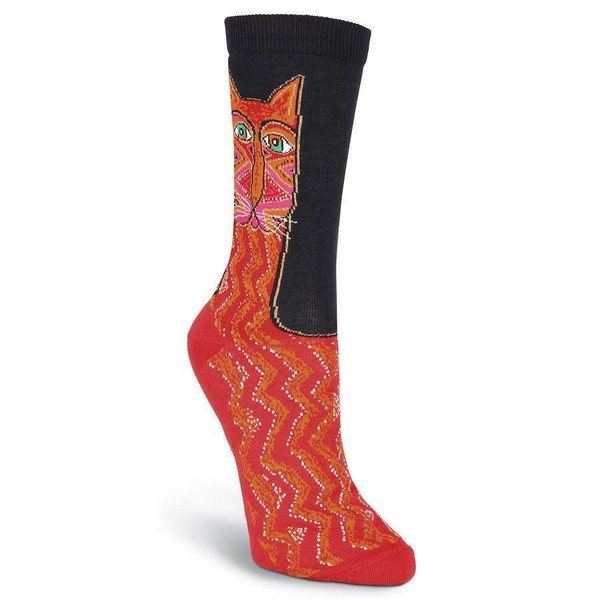 K. Bell Laurel Burch Women's Crew Socks 9-11 TRIBAL ZIG ZAG Black Red Cat