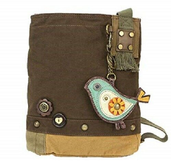 NEW Chala Messenger Patch Crossbody Bag Canvas Dark Brown Gift & BIRD Coin Purse