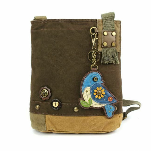 NEW Chala Messenger Patch Crossbody Bag Canvas Dark Brown & BLUE BIRD Coin Purse