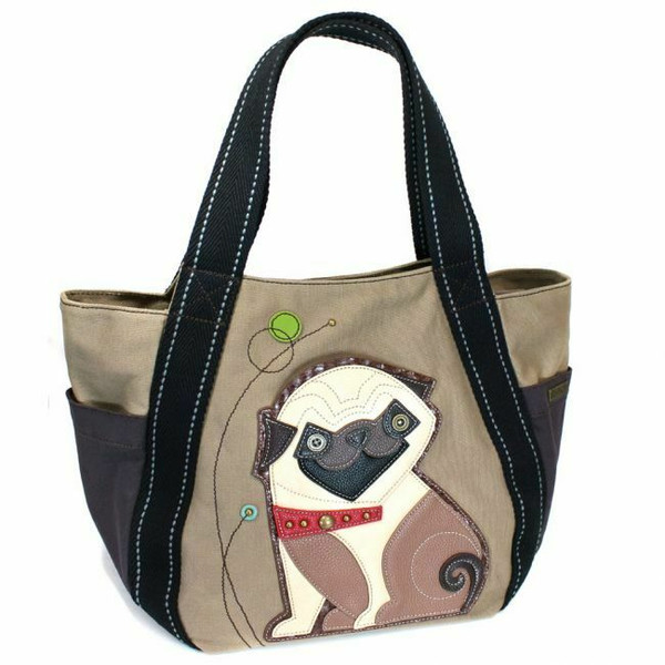 New Chala Handbag Carryall Zip Tote Canvas Large Bag gift PUG Dog Olive Brown
