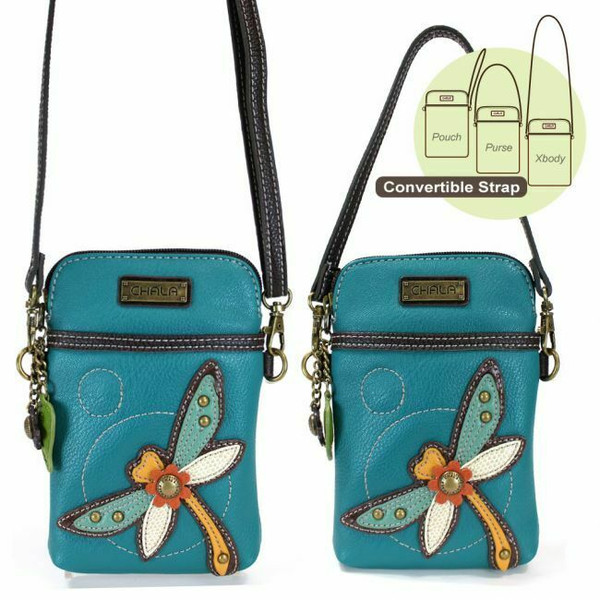 New Chala Cell Phone Purse Crossbody Pleather Converts DRAGONFLY Turquoise Blue