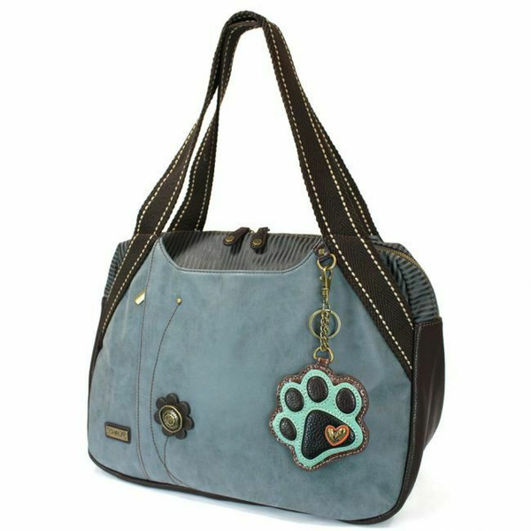 New  Chala Bowling Zip Tote Large Bag Pleather Stone Indigo Blue PAW PRINT gift