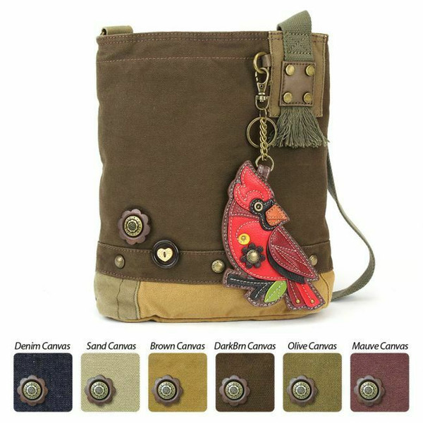 NEW Chala Messenger Patch Crossbody Bag Canvas Dark Brown CARDINAL Bird gift