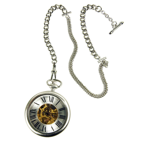 New TOKYObay Tokyo Bay SILVER HOLMES Pocket WATCH SHOWS BEAUTY OF WATCH MOVEMENT