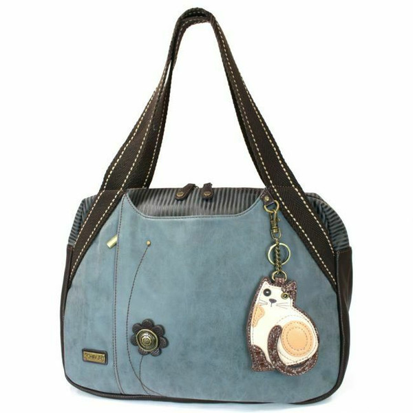  New Chala Bowling Zip Tote Large Bag Pleather Stone Indigo Blue LAZZY CAT Gift