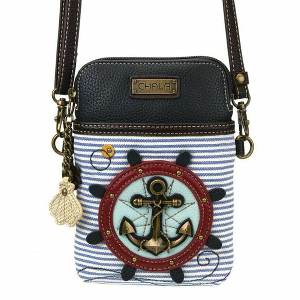 New Chala Cell Phone Purse Crossbody Pleather Convertible ANCHOR Blue Stripes
