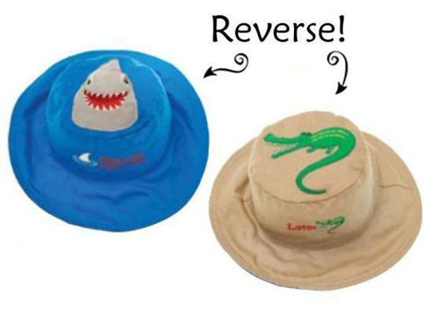 New FlapJack Kids Reversible Sun Hat UPF 50+ SHARK ALLIGATOR Med 2-4 yrs Blue