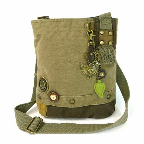 New Chala Handbag Patch Cross body Metal BIRD Key chain Olive Green Bag Canvas  