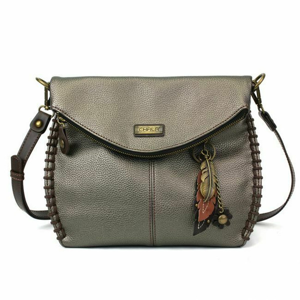 New Chala Charming Crossbody Bag Pleather Convertible FEATHER Pewter Grey Gray