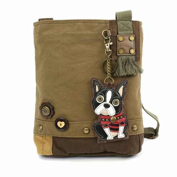 Neu Chala Handtasche Patch Umhängetasche Leinen Gif Olivgrün Boston Terrier Hund