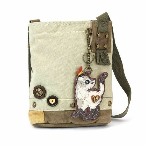 Chala Handtasche Patch Umhängetasche Slim Katze Sand Braun Tasche Leinen W/Coin