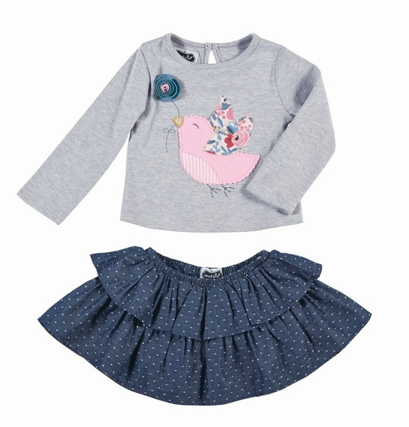 Neuf Mud Pie 2 PC Oiseau Chambray Ensemble Jupe Cadeau 12-18 Mos Gris Bleu Pâque