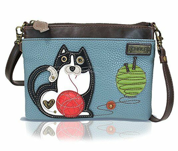 New Chala Mini Crossbody Bag Pleather Small Purse Convertible FAT CAT Blue Gray